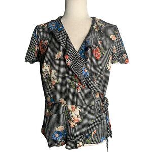 Maurices Black Checkered Wrap Top Medium Floral Ruffle Peplum Puff Sleeve